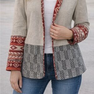 Nurture Boho Linen Blend Open Front Multicolored Patterned Blazer - Small